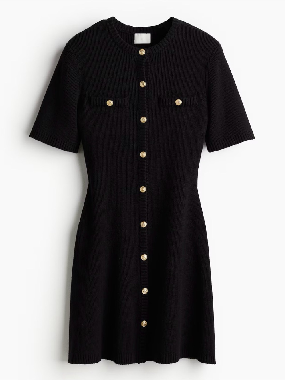 H&M black Ribbed Short-Sleeve Button-Front Mini Dress